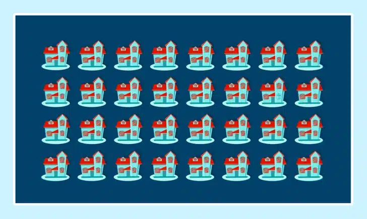 Desafio visual com uma fila de casas coloridas lado a lado com uma casa diferente entre elas