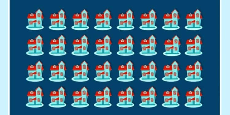 Desafio visual com uma fila de casas coloridas lado a lado com uma casa diferente entre elas