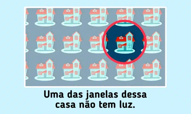Desafio visual com uma fila de casas coloridas lado a lado com uma casa diferente entre elas