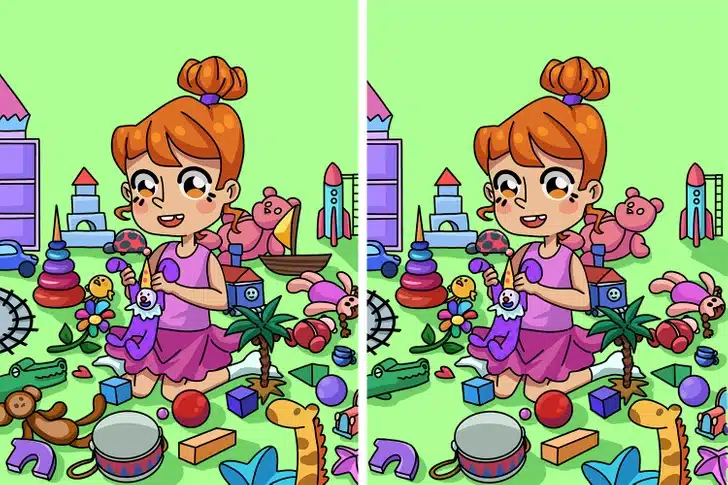 Desafio visual com uma menina sentada no chão rodeada de brinquedos diversos em dois quadros lado a lado para jogo visual