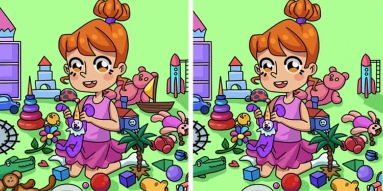 Desafio visual com uma menina sentada no chão rodeada de brinquedos diversos em dois quadros lado a lado para jogo visual