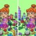 Desafio visual com uma menina sentada no chão rodeada de brinquedos diversos em dois quadros lado a lado para jogo visual