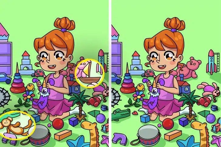 Desafio visual com uma menina sentada no chão rodeada de brinquedos diversos em dois quadros lado a lado para jogo visual