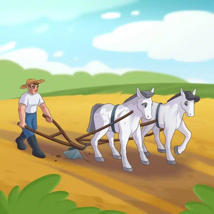 Desafio visual com um homem conduzindo dois cavalos atrelados a um arado sobre solo seco, sob céu azul