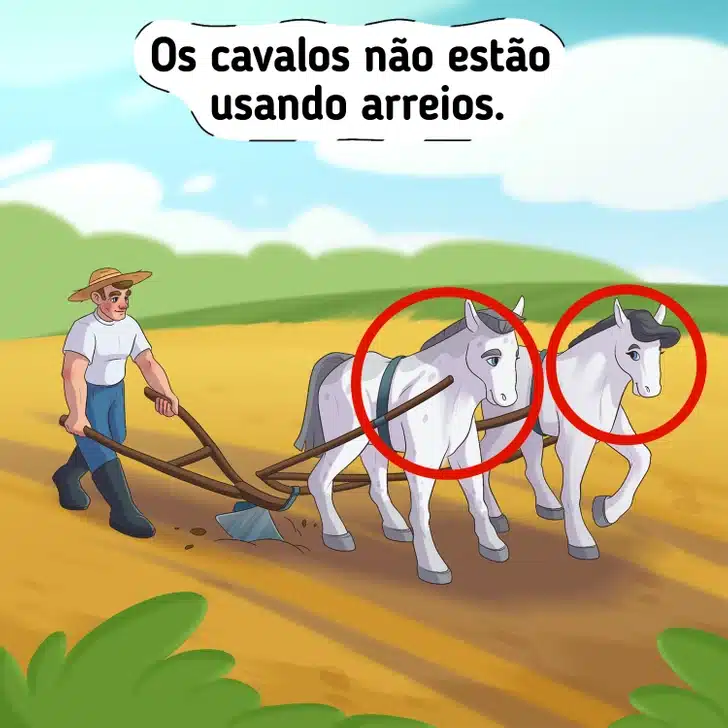 Desafio visual com um homem conduzindo dois cavalos atrelados a um arado sobre solo seco, sob céu azul
