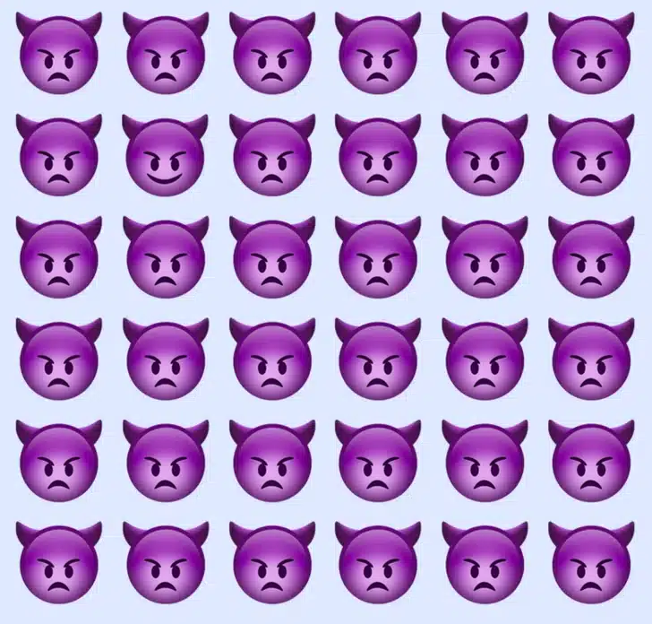 Desafio visual com diversos emojis roxos com expressão séria alinhados formando um padrão repetitivo