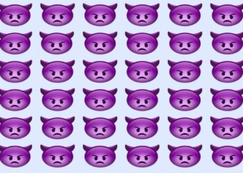 Desafio visual com diversos emojis roxos com expressão séria alinhados formando um padrão repetitivo