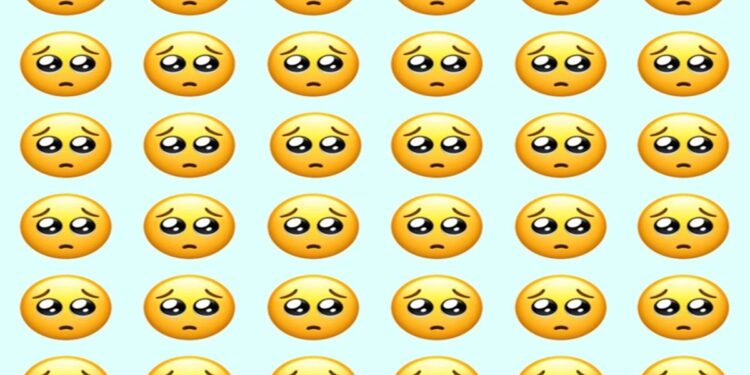 Desafio visual com vários emojis com expressão triste organizados em fileiras sobre fundo azul