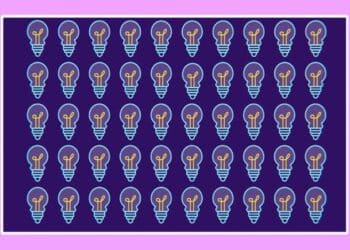 Desafio visual com lâmpadas desenhadas lado a lado, sendo uma diferente, em fundo roxo e borda rosa