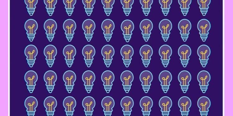 Desafio visual com lâmpadas desenhadas lado a lado, sendo uma diferente, em fundo roxo e borda rosa