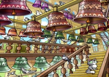 Desafio de percepção com diversos sinos pendurados em estrutura de madeira com pombos e gato na escada