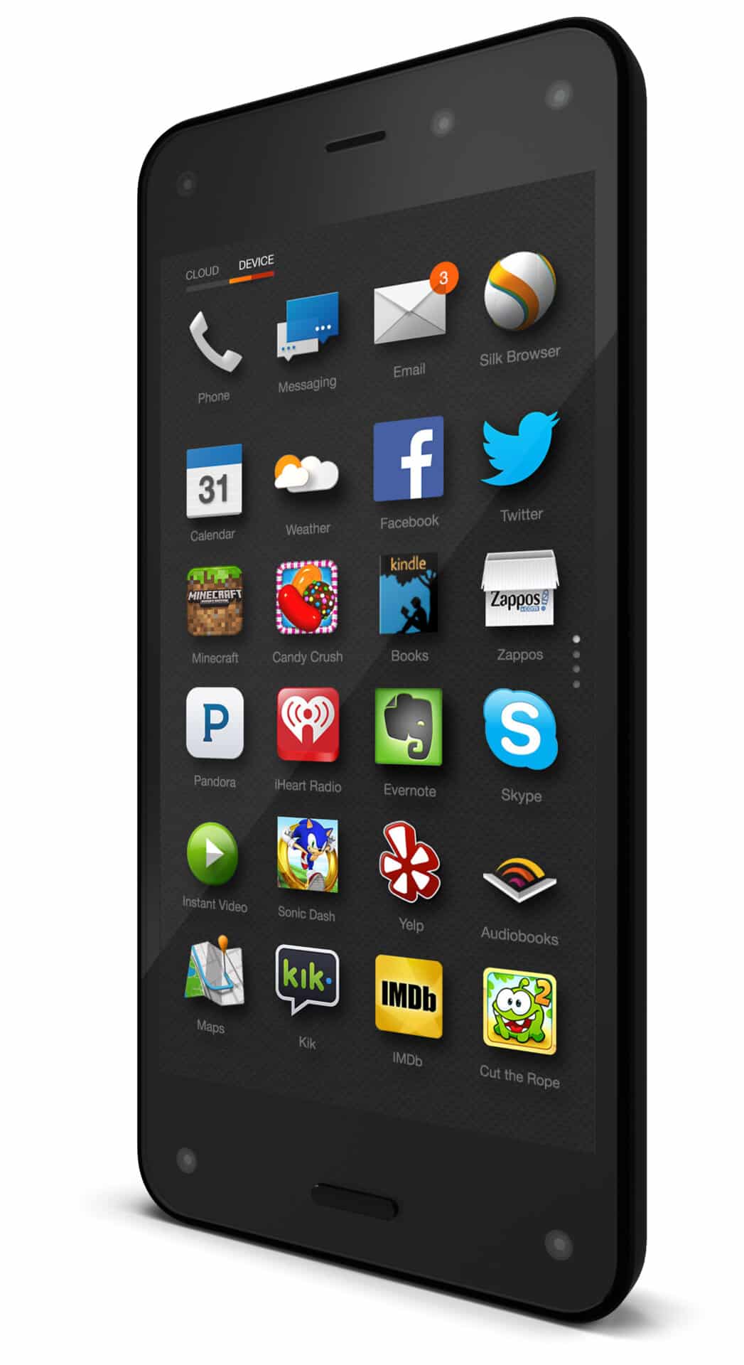 Imagem de estúdio em ângulo diagonal de um Amazon Fire Phone preto, exibindo uma tela inicial com diversos ícones de aplicativos organizados em grade, incluindo o navegador Silk, Kindle e jogos como Candy Crush e Sonic.