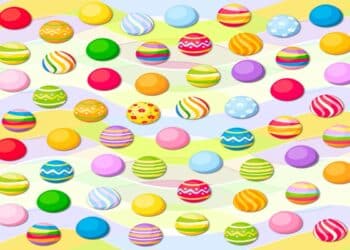 Ilusão de ótica com diversos ovos de Páscoa com cores e padrões variados espalhados em fundo ondulado colorido