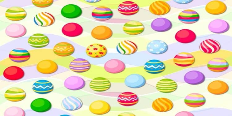 Ilusão de ótica com diversos ovos de Páscoa com cores e padrões variados espalhados em fundo ondulado colorido