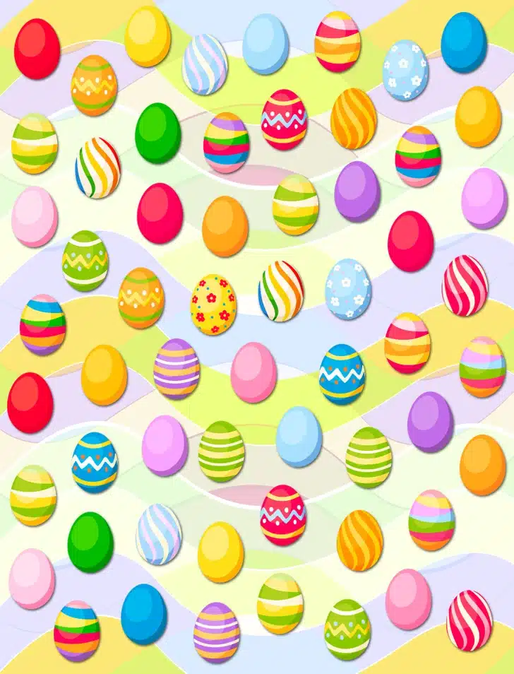 Ilusão de ótica com diversos ovos de Páscoa com cores e padrões variados espalhados em fundo ondulado colorido