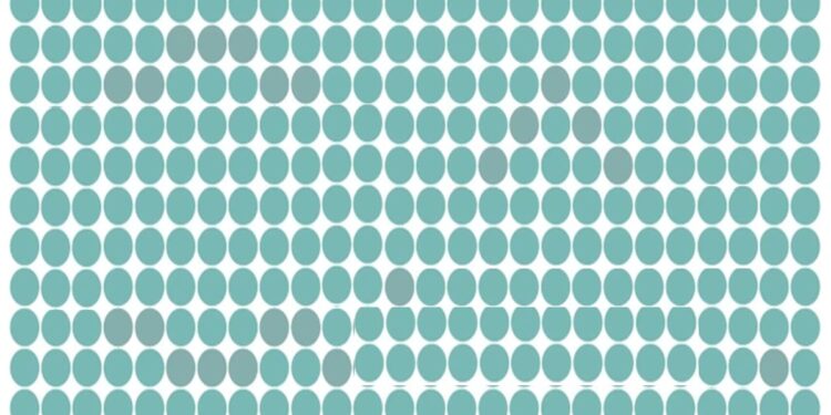 Ilusão de ótica com um conjunto de círculos azuis e cinzas organizados, ocultando formas oval e triângulo