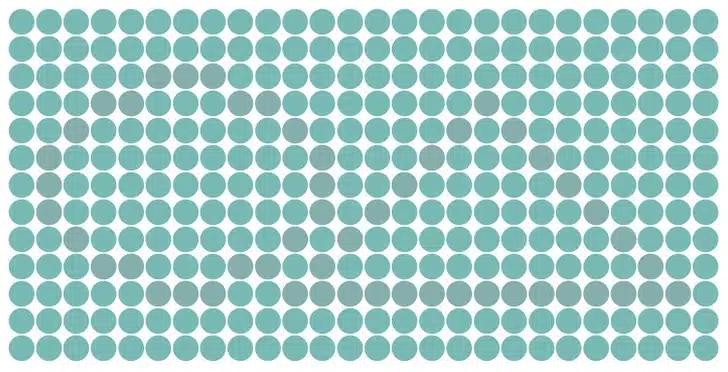 Ilusão de ótica com um conjunto de círculos azuis e cinzas organizados, ocultando formas oval e triângulo