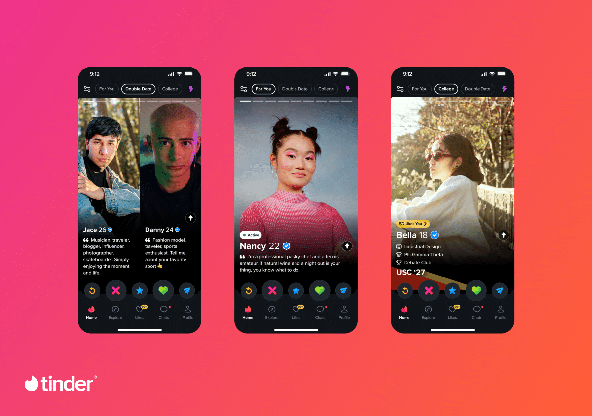 Tela do Tinder mostrando perfis de usuários com informações sobre suas profissões, interesses e conexões.