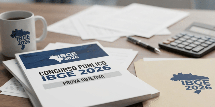 Apostilas do IBGE 2026, caneca, calculadora e papéis organizados sobre uma mesa de madeira.