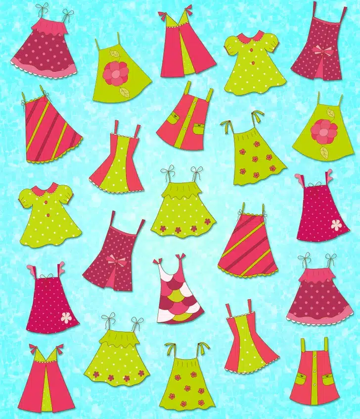 Teste visual com diversos vestidos infantis desenhados com padrões variados, organizados sobre um fundo azul