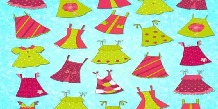 Teste visual com diversos vestidos infantis desenhados com padrões variados, organizados sobre um fundo azul