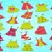 Teste visual com diversos vestidos infantis desenhados com padrões variados, organizados sobre um fundo azul