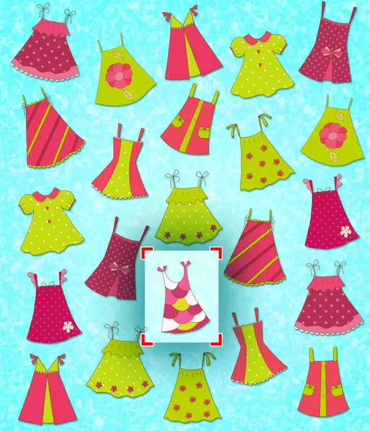 Teste visual com diversos vestidos infantis desenhados com padrões variados, organizados sobre um fundo azul