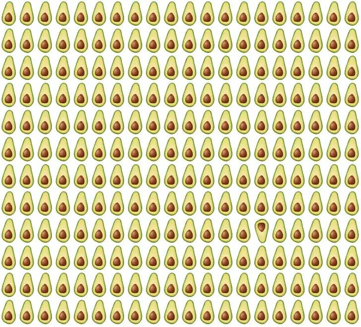 Teste visual com fileiras de abacates cortados ao meio, sendo um diferente entre eles, formando um desafio visual divertido