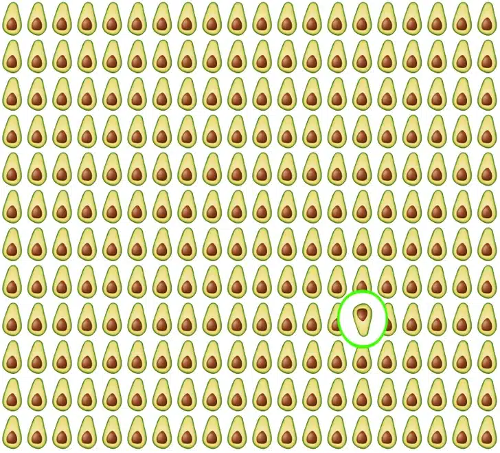 Teste visual com fileiras de abacates cortados ao meio, sendo um diferente entre eles, formando um desafio visual divertido