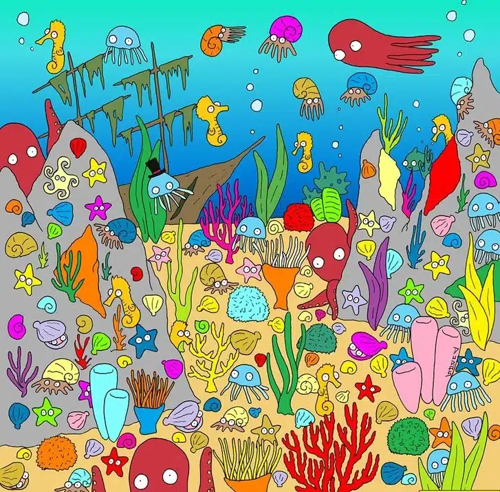 Teste visual com o fundo do mar repleto de corais, polvos, conchas, águas-vivas e cavalos-marinhos em meio ao desafio de encontrar um peixe oculto