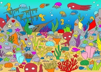 Teste visual com o fundo do mar repleto de corais, polvos, conchas, águas-vivas e cavalos-marinhos em meio ao desafio de encontrar um peixe oculto