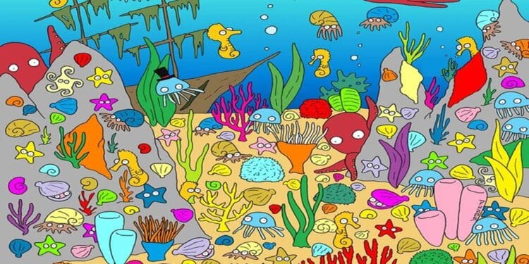 Teste visual com o fundo do mar repleto de corais, polvos, conchas, águas-vivas e cavalos-marinhos em meio ao desafio de encontrar um peixe oculto