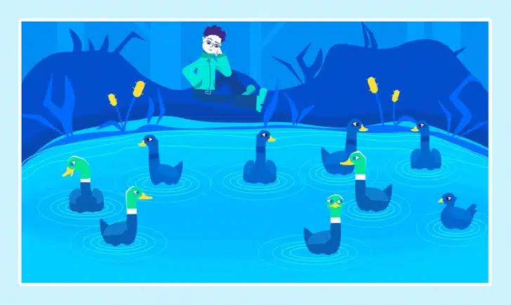 Teste visual com uma pessoa sentada observa sete patos nadando em lago azul com detalhes de vegetação
