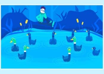 Teste visual com uma pessoa sentada observa sete patos nadando em lago azul com detalhes de vegetação