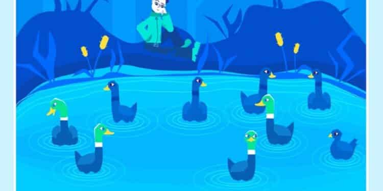 Teste visual com uma pessoa sentada observa sete patos nadando em lago azul com detalhes de vegetação