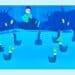 Teste visual com uma pessoa sentada observa sete patos nadando em lago azul com detalhes de vegetação