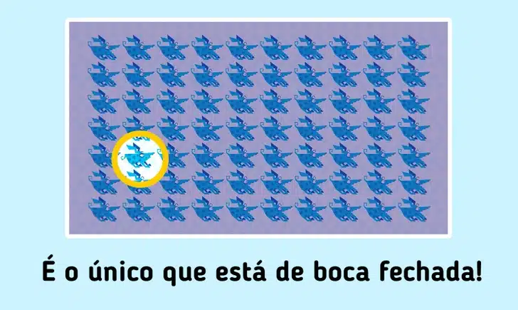 Teste visual com vários cachorros azuis idênticos lado a lado, exceto um com detalhe diferente entre os demais
