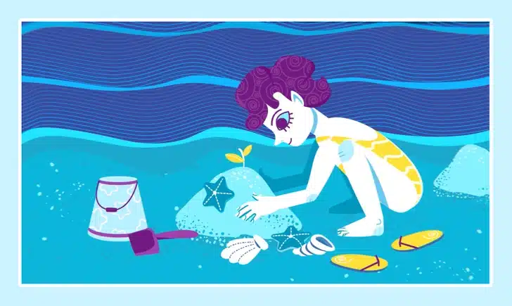 Teste de atenção com uma criança ajoelhada na areia observa estrela-do-mar ao lado de planta brotando