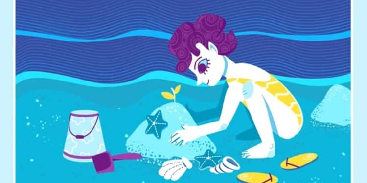 Teste de atenção com uma criança ajoelhada na areia observa estrela-do-mar ao lado de planta brotando