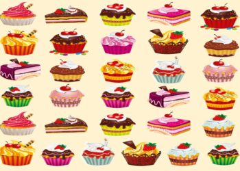 Teste de atenção com diversos cupcakes coloridos alinhados, formando um desafio visual divertido
