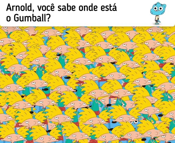 Teste de atenção com vários Arnolds juntos enquanto Gumball aparece escondido entre eles na imagem colorida