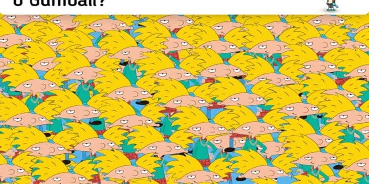 Teste de atenção com vários Arnolds juntos enquanto Gumball aparece escondido entre eles na imagem colorida