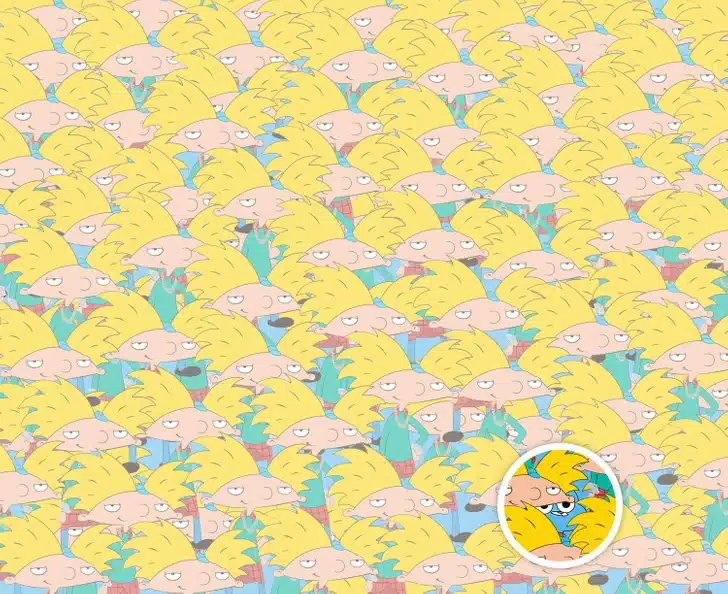 Teste de atenção com vários Arnolds juntos enquanto Gumball aparece escondido entre eles na imagem colorida