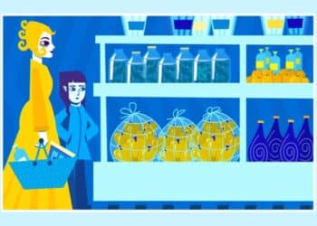 Teste de percepção com a mulher e uma criança paradas diante de prateleira de peixes vivos e garrafas em supermercado colorido