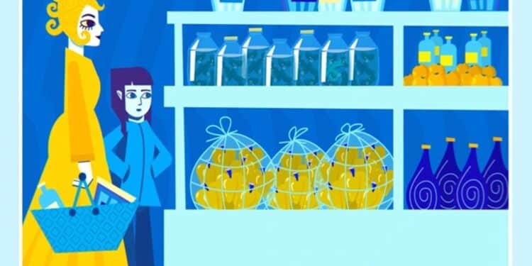 Teste de percepção com a mulher e uma criança paradas diante de prateleira de peixes vivos e garrafas em supermercado colorido