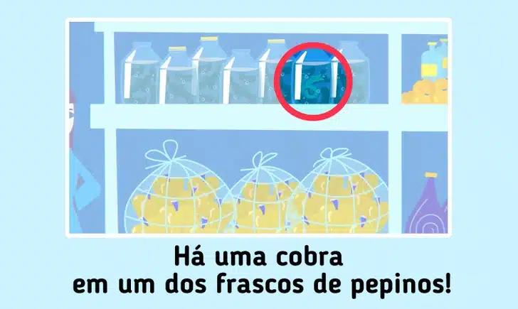 Teste de percepção com a mulher e uma criança paradas diante de prateleira de peixes vivos e garrafas em supermercado colorido