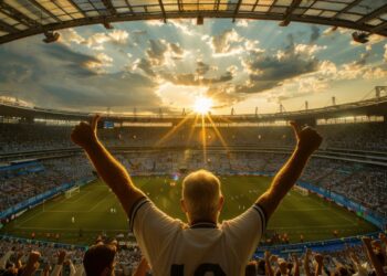 Torcedor levantando os braços em estádio lotado durante a Copa do Mundo 2026.