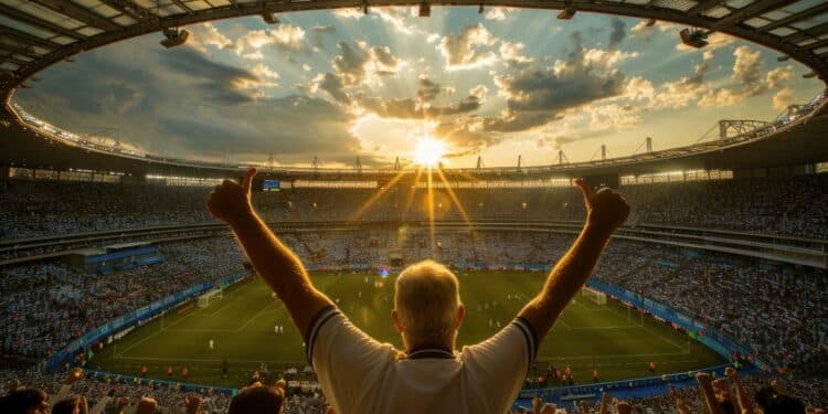 Torcedor levantando os braços em estádio lotado durante a Copa do Mundo 2026.
