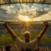 Torcedor levantando os braços em estádio lotado durante a Copa do Mundo 2026.