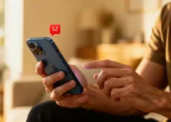 Notificação de alerta de segurança em iPhone mostrando ícone de aviso.